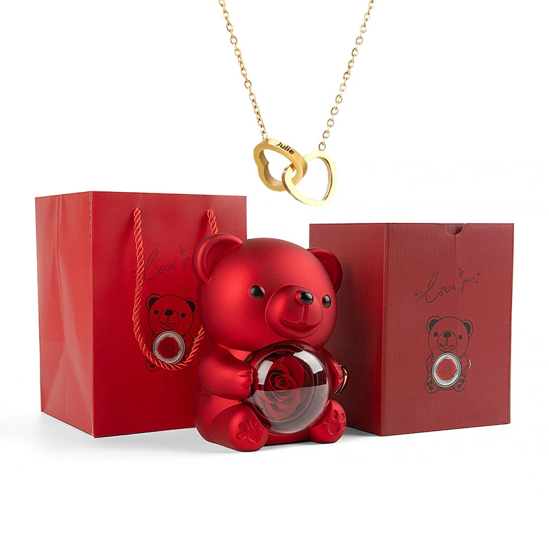 Eternal Rose Teddy Bear Jewelry Gift Box with Custom Engraved Name Angel Wings Heart Necklace