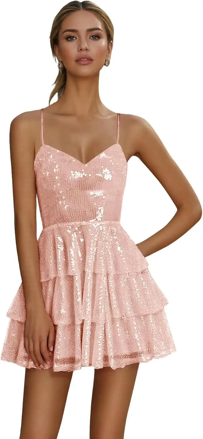 

Sequin Short Homecoming Dresses for Teens Spaghetti Straps A-line Ruffles Prom Dresses Graduation Dress Mini Cocktail Dresses