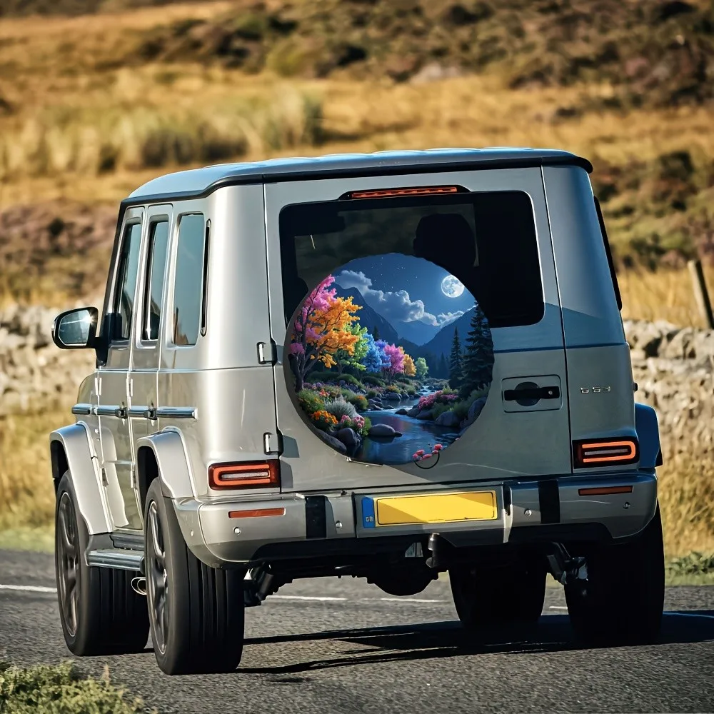 Moonlit Forest River Spare Tire Cover Weatherresistant Polyester Automotive Shield Decor