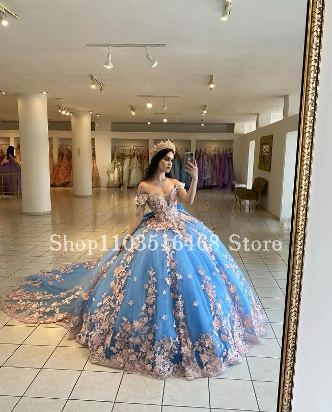 Princesa céu azul quinceanera vestido 2025 um ombro floral applique desossa espartilho com capela trem robes de soirée personalizado