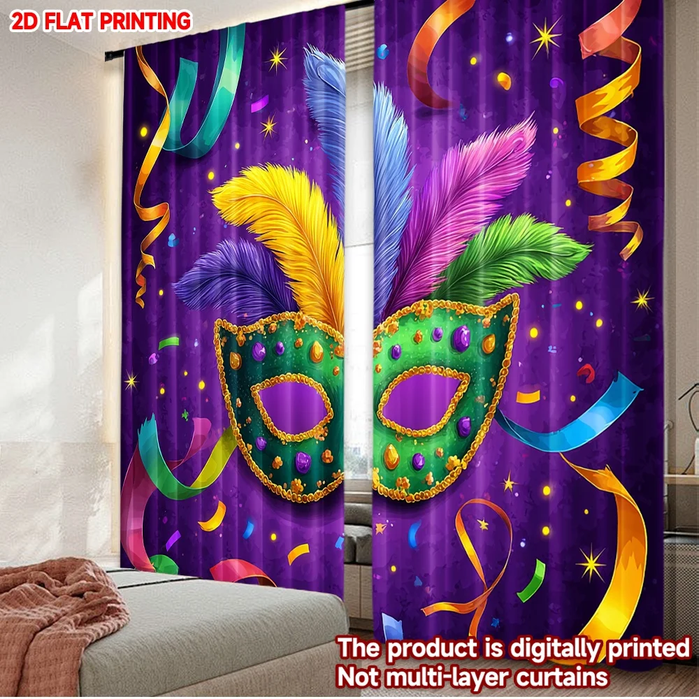 2D flat printing 2pcs Curtain Scene Curtains Mardi Gras Mask and Feathers(1) Digital Printed Polyester Drapes Birthday Party Use
