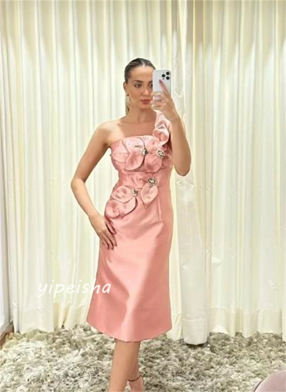 Satin Flower Beading Pleat Christmas A-line One-shoulder Bespoke Occasion Gown Knee Length Dresses