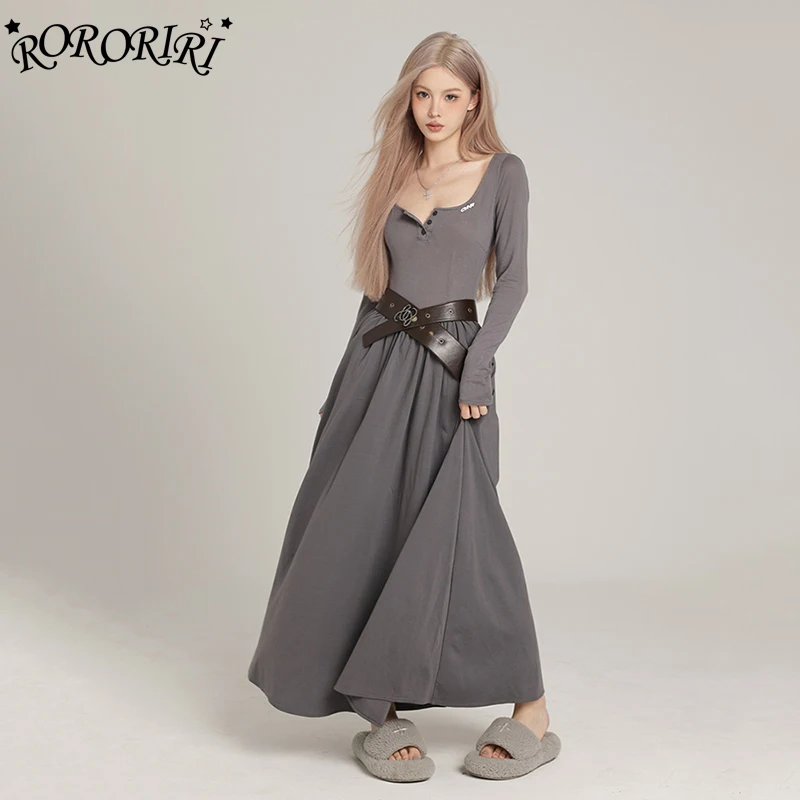 

RORORIRI Retro Gray Button-up Knit Long Dress Women Casual Solid Stitch O-neck Long Sleeves One-piece Dresses Korean Y2k Clothes