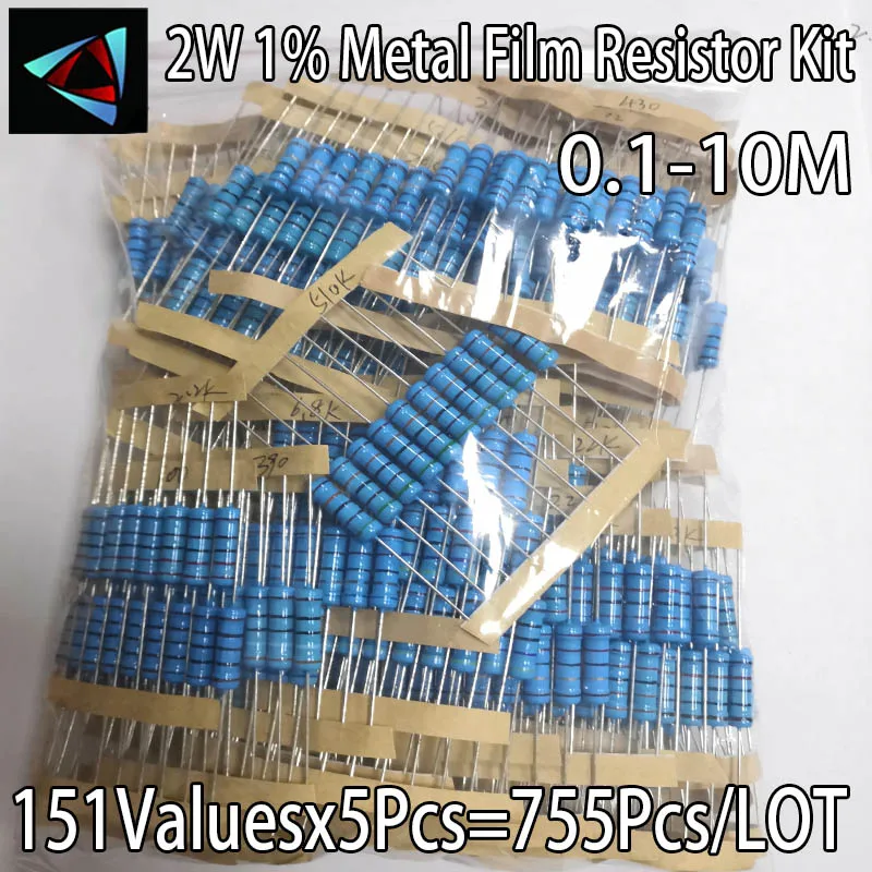 755 pces 151 valores cada 5pcs metal filme resistor 1% 2w kit sortido (0.1 range 10m ohm capacitor gama) venda quente