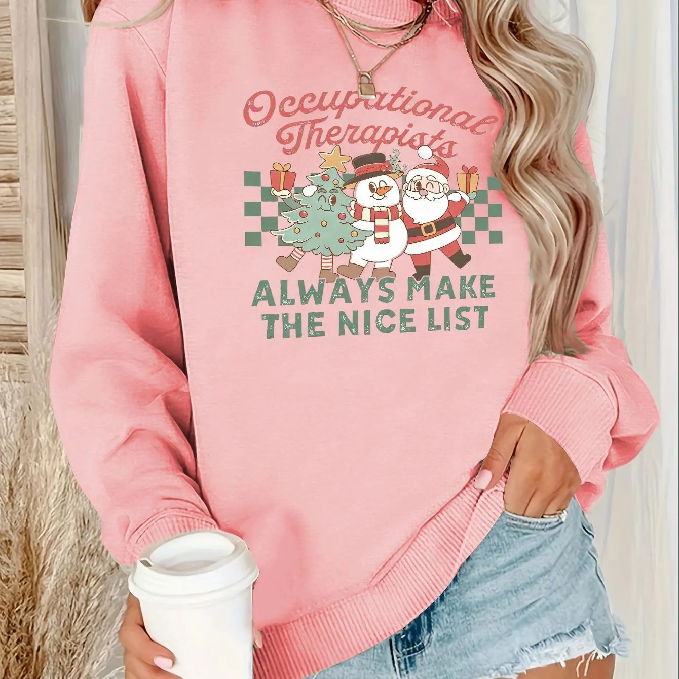 Women\'s Festive Christmas Sweatshirt Santa Snowman & Tree Print Casual Crew Neck Pullover Soft Polyester Blend Machine Washable