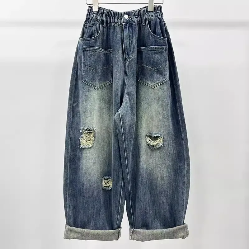 

Loose Straight Leg Jeans Men's Casual Torn Denim Pants Autumn Winter plus Size 36 Pou American Sle Polyester Fabric