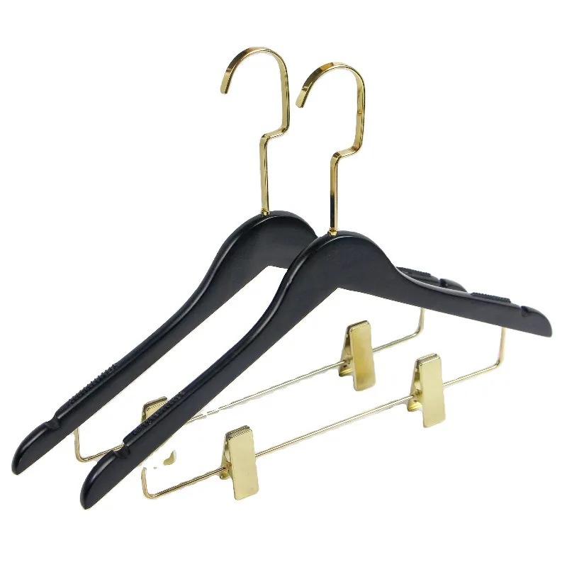 Custom adult black wooden hanger solid wood construction coat pants shirt hanger with crossbar, for retail store display