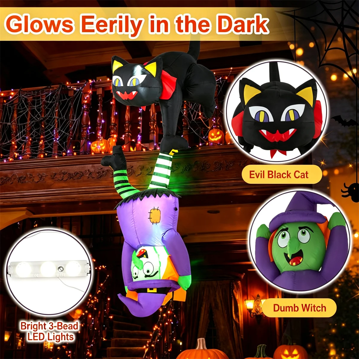 6.2 FT Halloween Hanging Inflatable Decoration, Lighted Black Cat & Witch Prank Scene Inflatable with Built-in LED Lights, Waterproof Polyester Blow Up Decor for Outdoor Indoor Party Yard Display