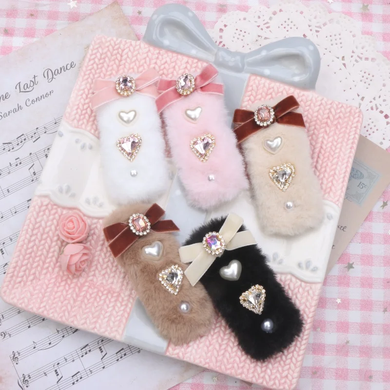 Нежная плюшевая заколка для волос Kawaii Jirai Kei, заколка для волос в японском стиле, милые женские заколки со стразами в стиле Лолиты, аксессуары для девочек