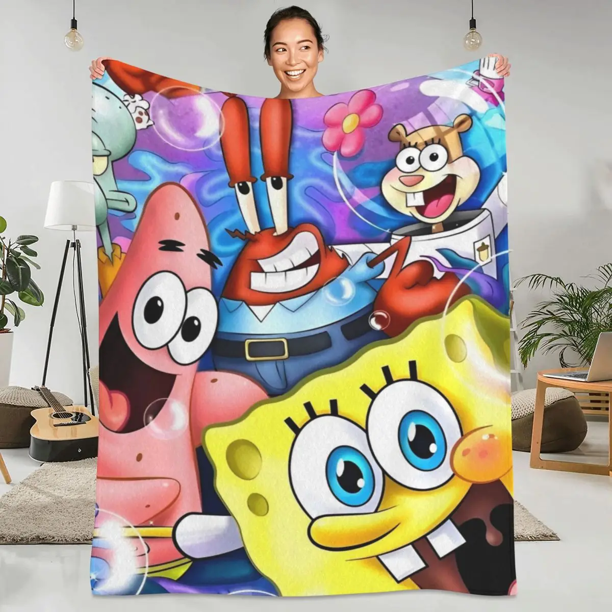 Cartoon Funny S-SpongeBobed Blanket American Animated Television Funny Plush Bedding Throws For Flannel Bedspread Bed Cover