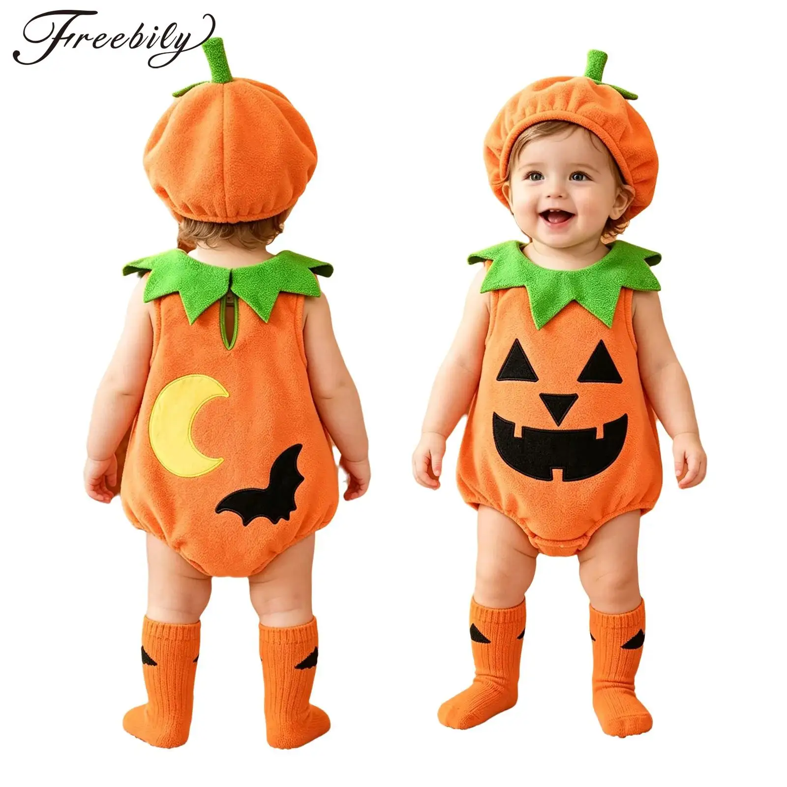 Baby Boys Girls Halloween Pumpkin Costume Sleeveless Embroidered Romper with Hat Toddler Carnival Halloween Theme Party Dress Up