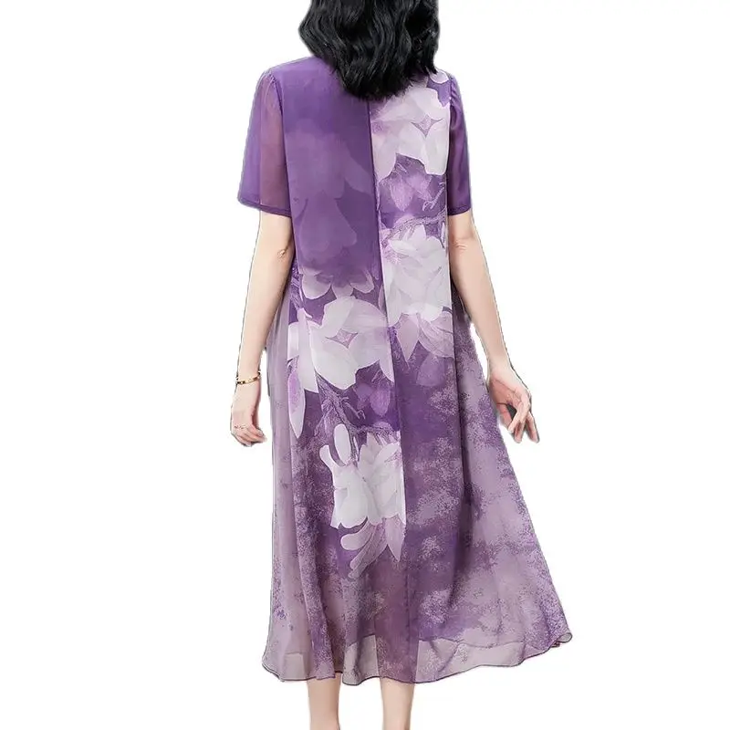 BirdTree, 100%Real Silk Fashion Dresses, Women V Necks Floral, Elegant Loose OL Oversize Party Dress, 2024 Summer New D44825QM