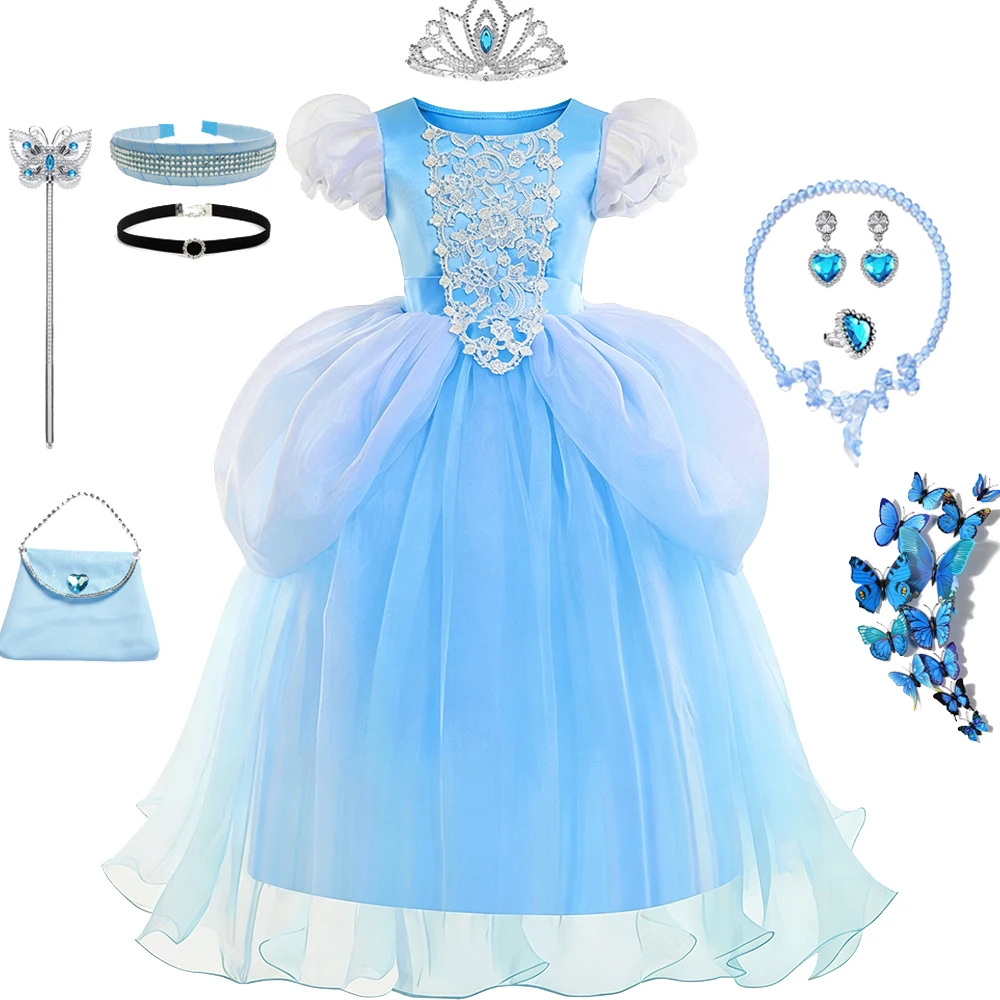 Märchenhaftes Glasstieferl-Kleid für Kinder, Cinderella Geburtstagskleid, Sommerliches Spitzenprinzessinnenkleid mit Puffrock für Halloween, Karneval, Party und Cosplay – Detail 10