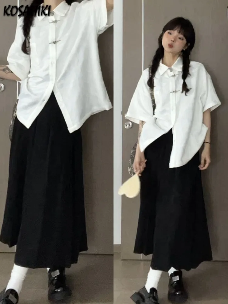 2024 Neo Chinese Style Casual Loose Women Shirts Harajuku Single Breasted Blouses Y2k Aesthetic Turn Down Collar Blusas De Mujer