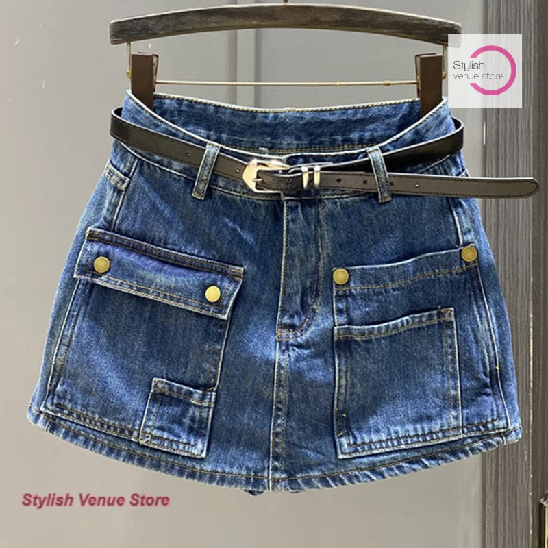 Korean-style dark slim denim skirt female spring and summer fashion temperament high waist skirt frock wide leg A-shaped skirt