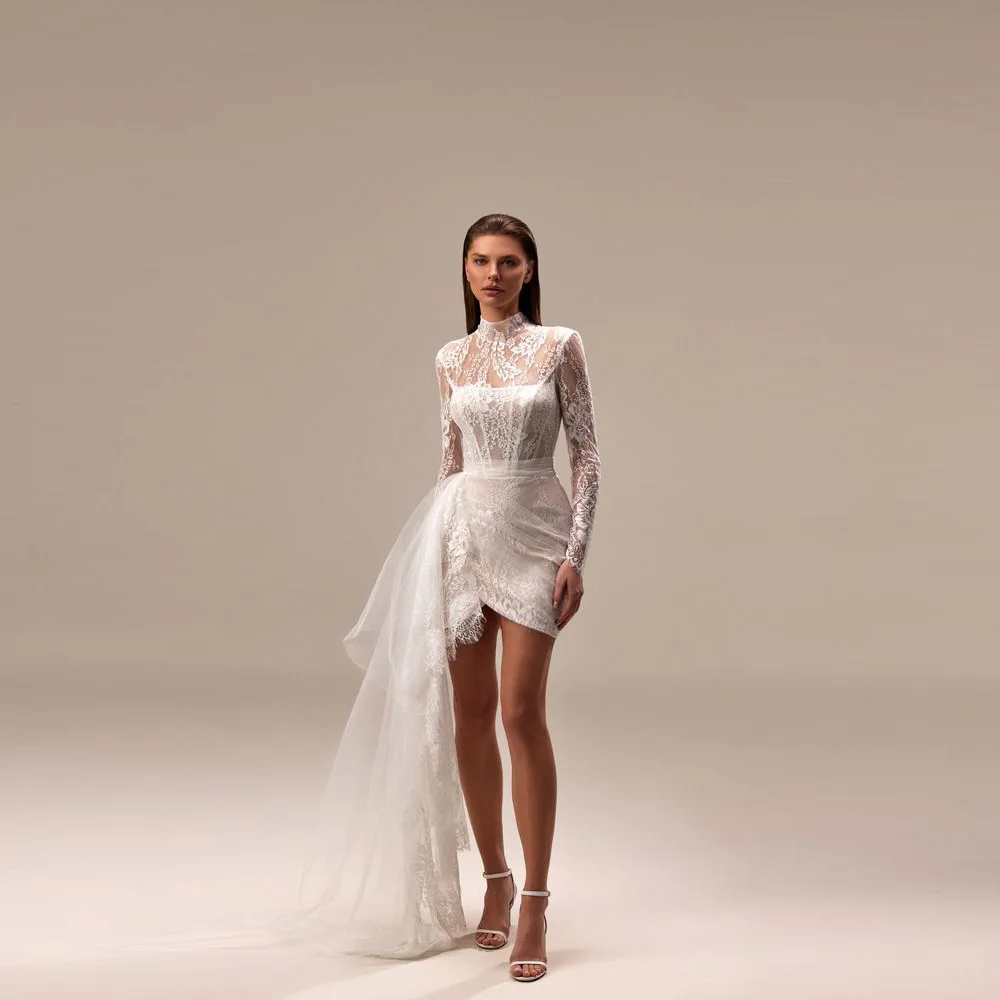 

Романтические кружевные свадебные платья по индивидуальному заказу, короткое тюлевое платье для выпускного вечера, женское простое свадебное платье с высоким воротом, 2025 г.