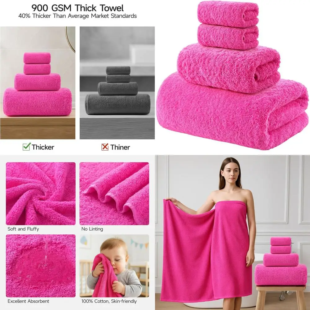 

Premium 100% Cotton Pink Towel Set, 900 GSM, 4-Piece, Soft, Absorbent, Quick-Dry Bath Sheets for Home & Spa Luxury
