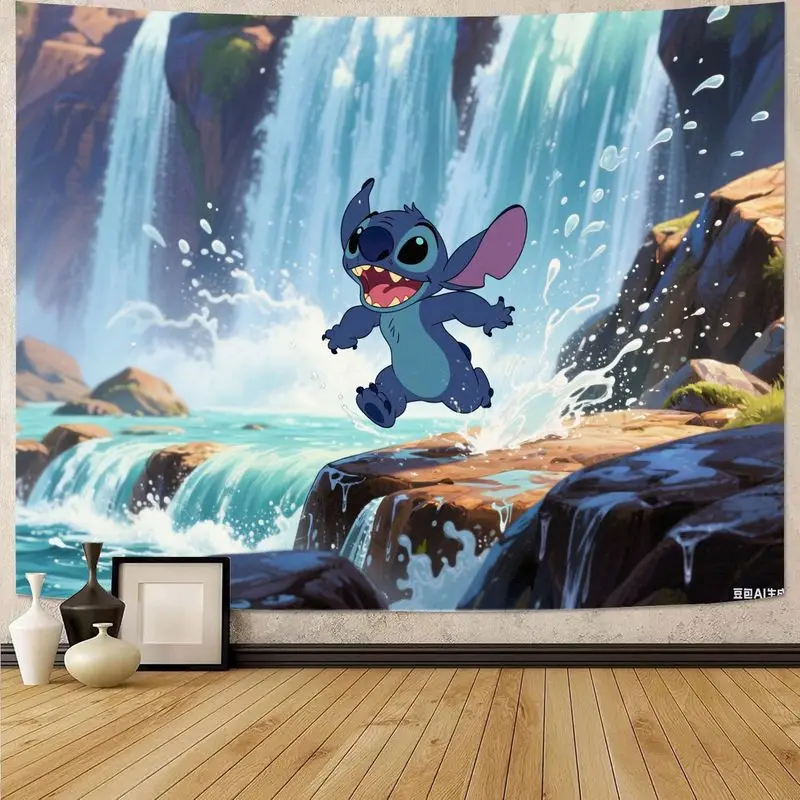 

1PC Stitch Cartoon Character Tapestry Colorful Waterfall Scene Polyester Wall Art Home Decor for Disney Fans