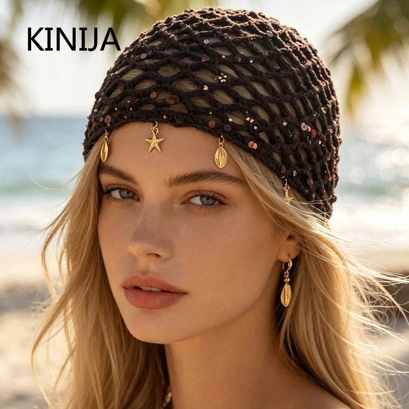 Fashion Hollowed Out Woven Pullover Hats Crochet Breathable Cap Starfish Shell Fringed Retro Beanies Cap Women Summer Versatile