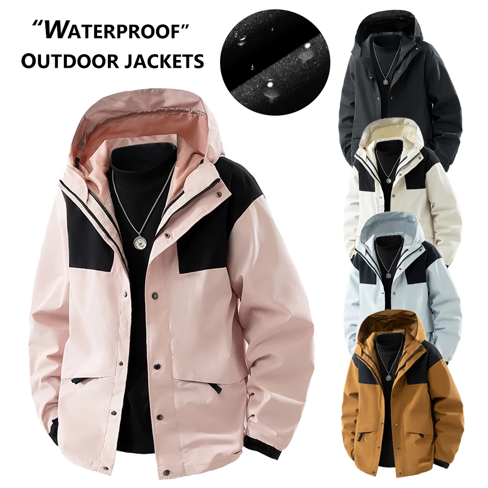 ユニセックスハイキングジャケット軽量ブロックカラーレインジャケット防水女性フード付きウインドブレーカー屋外キャンプ釣りコート