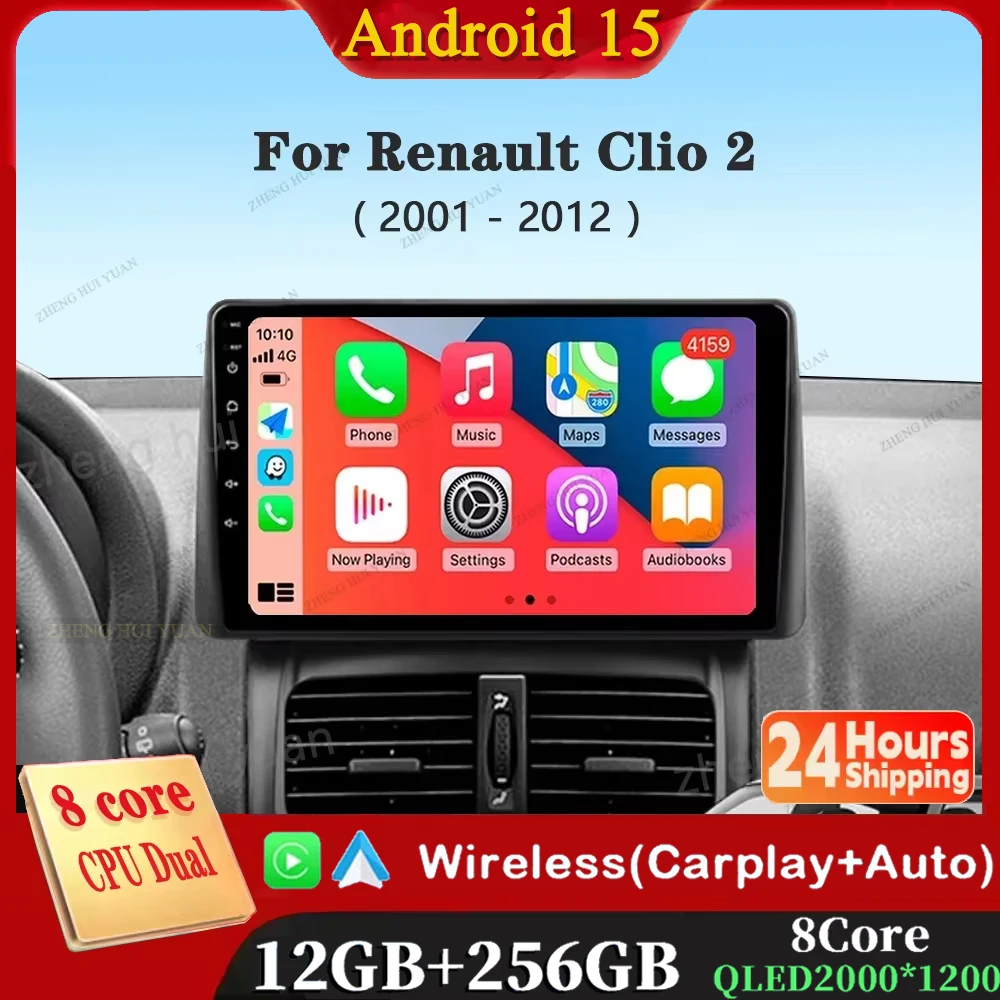 

Car Radio Wireless Carplay For Renault Clio 2 BB CB 2001 - 2012 Navigation GPS Android Auto QLED Screen Stereo Android 15