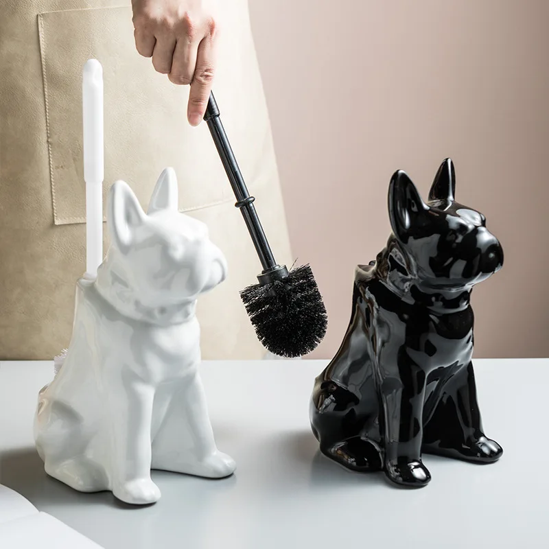 

NEW 1 Set Toilet Brush Soft Dense Bristles Smooth Edge Dirt Remover Ceramics Dog Shape Toilet Brush Stand Bathroom Decoration