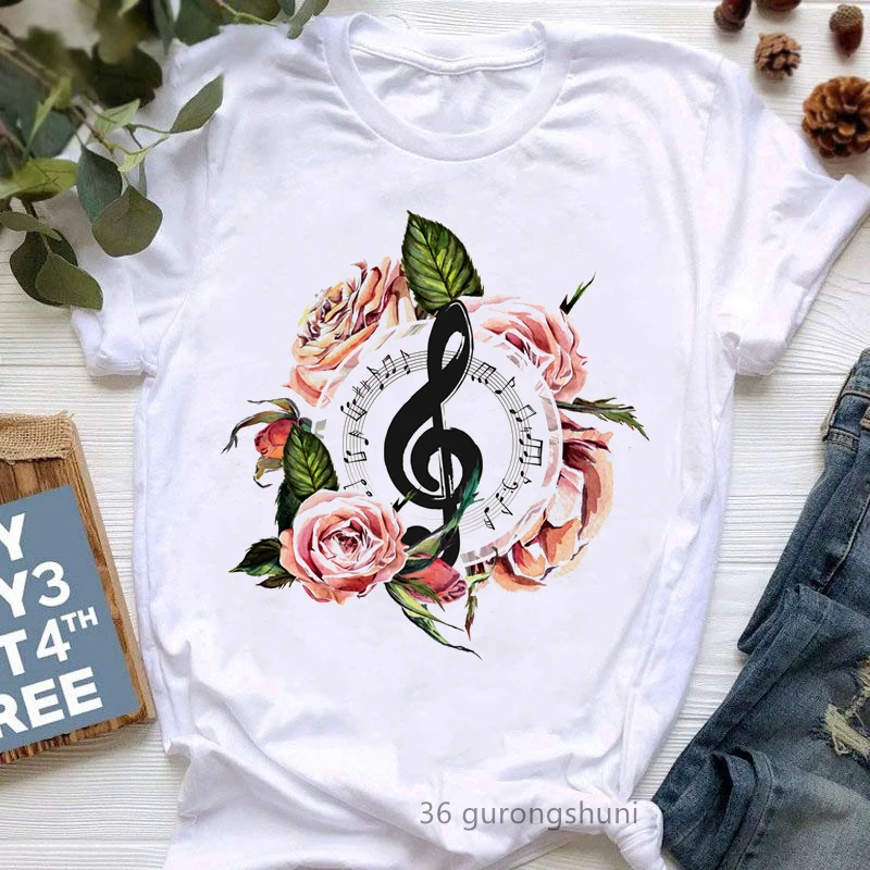 Summer Colorful Treble Clef With Music Notes Print Tshirts Women Hip Hop White T Shirt Femme Tops Short Sleeve T-Shirt Female