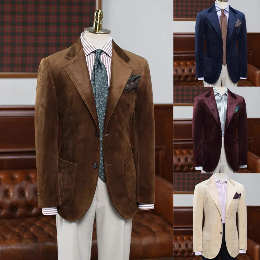 Simple Notch Lapel Men Suit 2‑Piece Set Corduroy Single Breasted Jacket Pants For Business Conference Social Gala Customized
