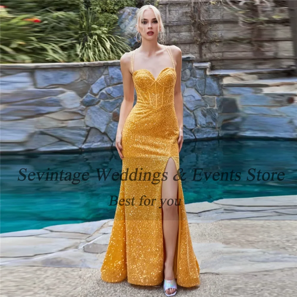 Sevintage-vestido de noche de sirena con lentejuelas brillantes, traje elegante con tirantes finos, Espalda descubierta, largo hasta el suelo, moda para ocasiones de graduación, 2024