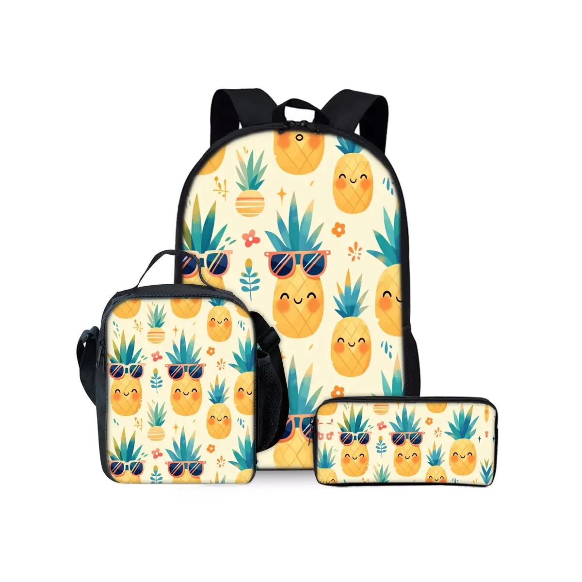 

Pineapple Print Three Piece Backpacks Set for Boy and Girls Best Gifts 2D Flat Cartoon School Bag for Children