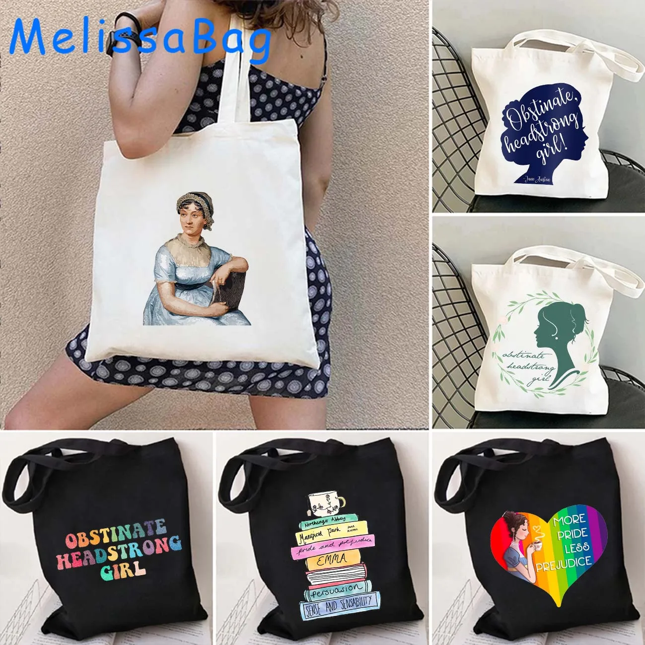 Bolso de mano de lona para chica, bolsa de lona con frase Jane Austen, libro, estantería, regalos románticos de orgullo y premamá