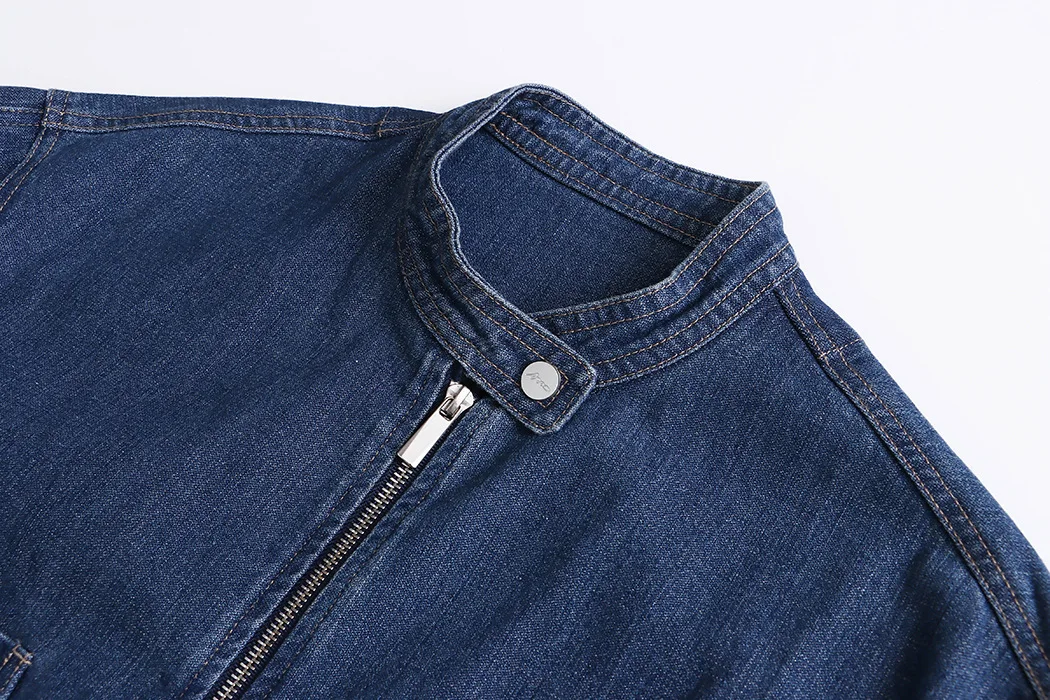Women Denim Short Coats Solid Jackets Stand Collar Double Zipper Long Sleeves Loose Fit Office Lady Casual 2025 Spring Autumn