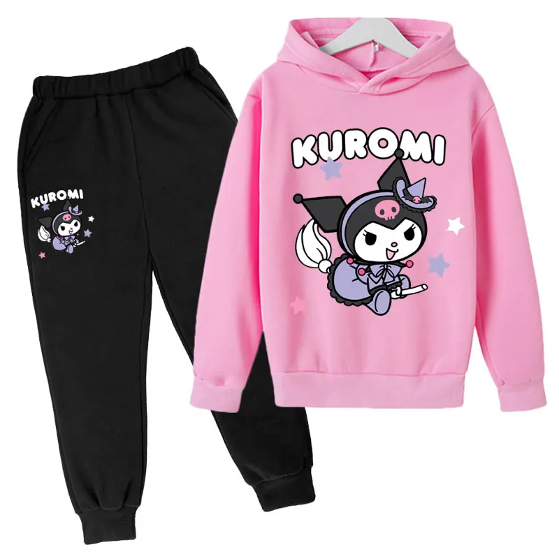 Kuromi-Conjunto de Sudadera con capucha y pantalones de chándal con estampado creativo para niños, ropa de calle para exteriores para hombres y mujeres, otoño e invierno, 3-14 años