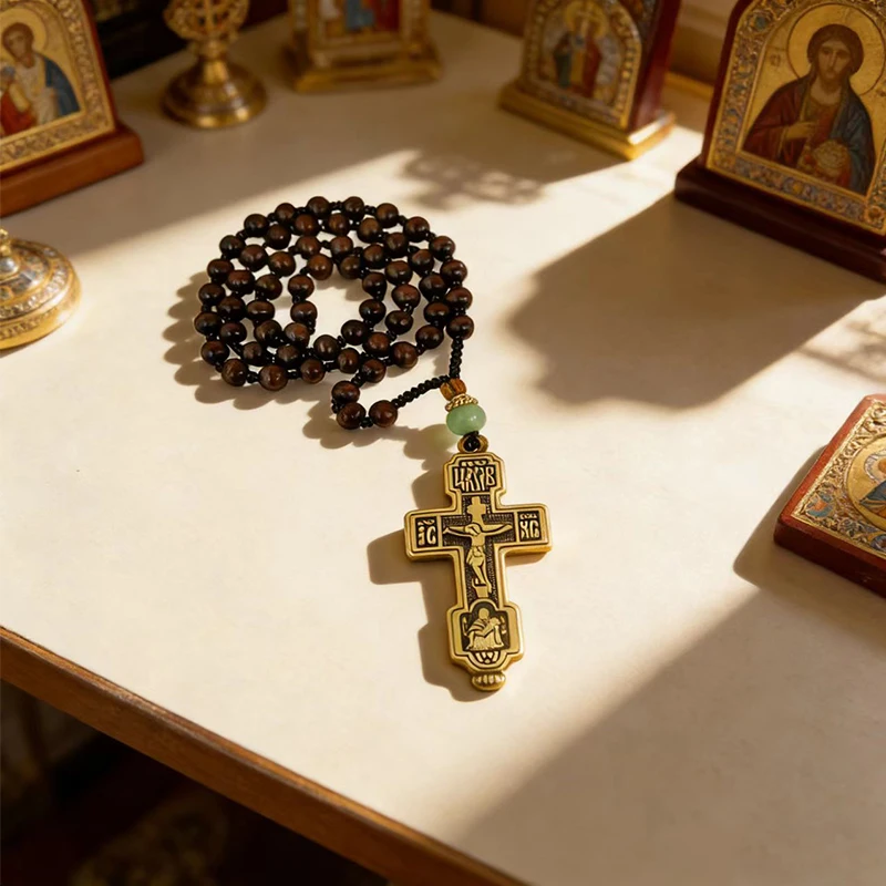 Orthodox Christian Chotki Dark Brown Wooden Prayer Beads With Bronze Crucifix And Green Jade Bead