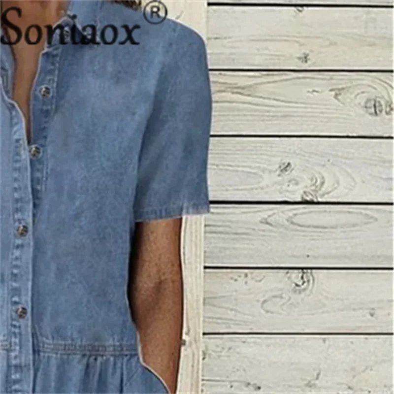 Elegante Effen Kleur Korte Mouw Denim Jurk Zomer Revers Single-Breasted Splice Chic Dames Comfortabele Commuter Casual Jurk