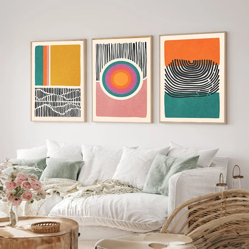 Wall Art Set of 3 Color Blocks Poster Abstract Shapes Illustrations Mid Century Modern Wall Art Boho Living Room Home Decor