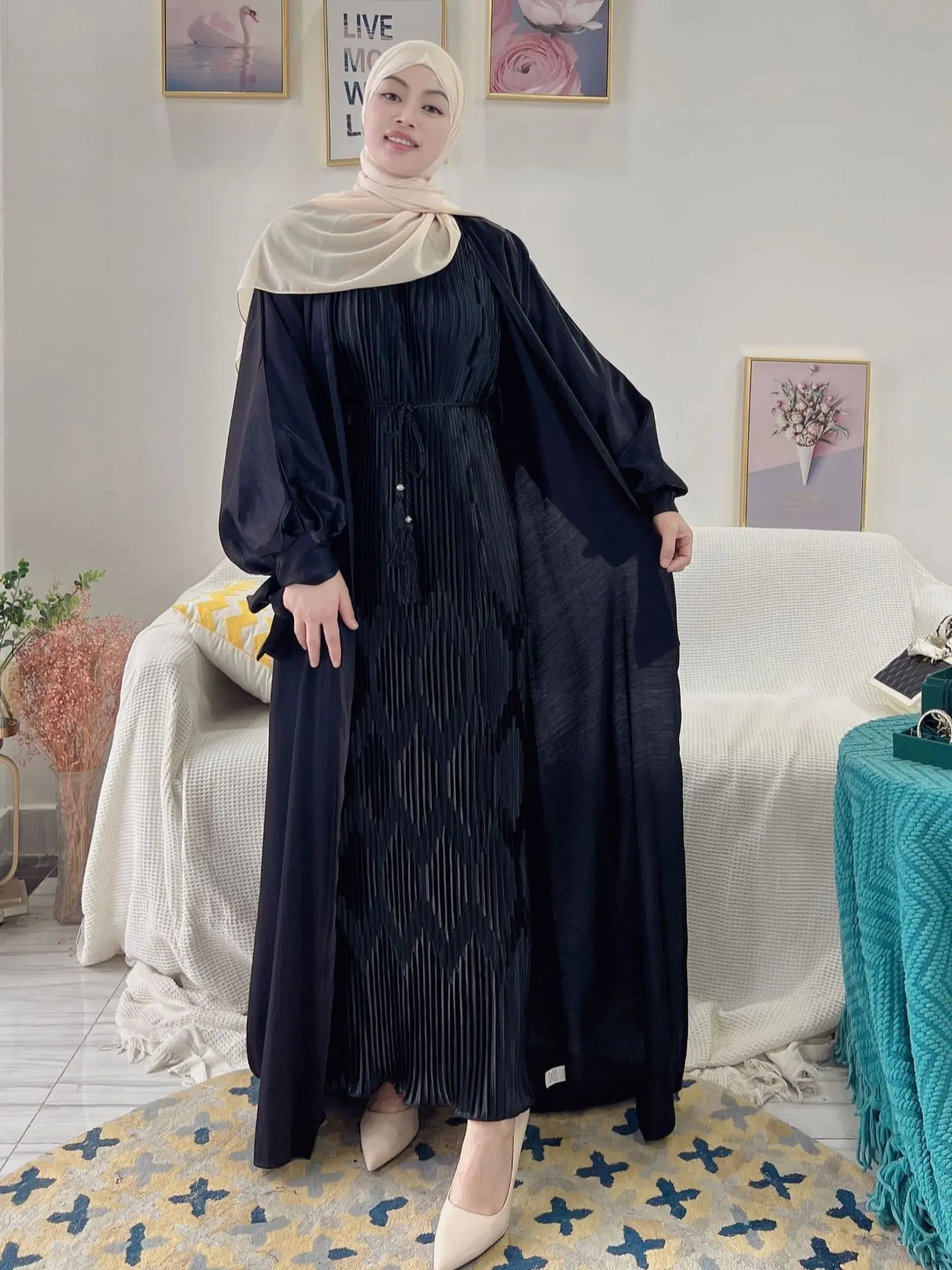 Imagem -04 - Vestido Muçulmano com Manga Puff para o Ramadã e Eid Dubai Abayas Islam Abayas Dubai Robes Kimono Extragrande Shiny Djellaba Wy937