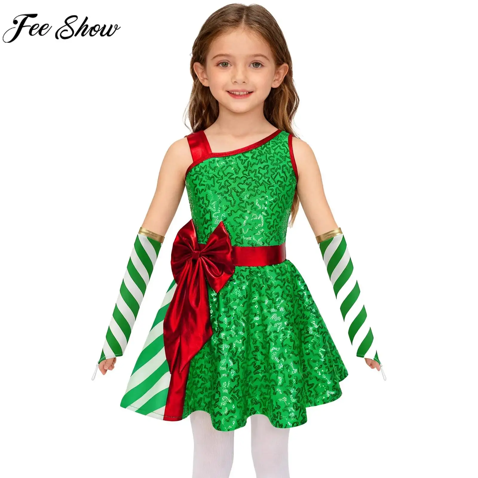 Children Girls Christmas New Year Party Dress Sleeveless Candy Cane Striped Ballet Tutu with Sleeves Xmas Santa Elf Costume