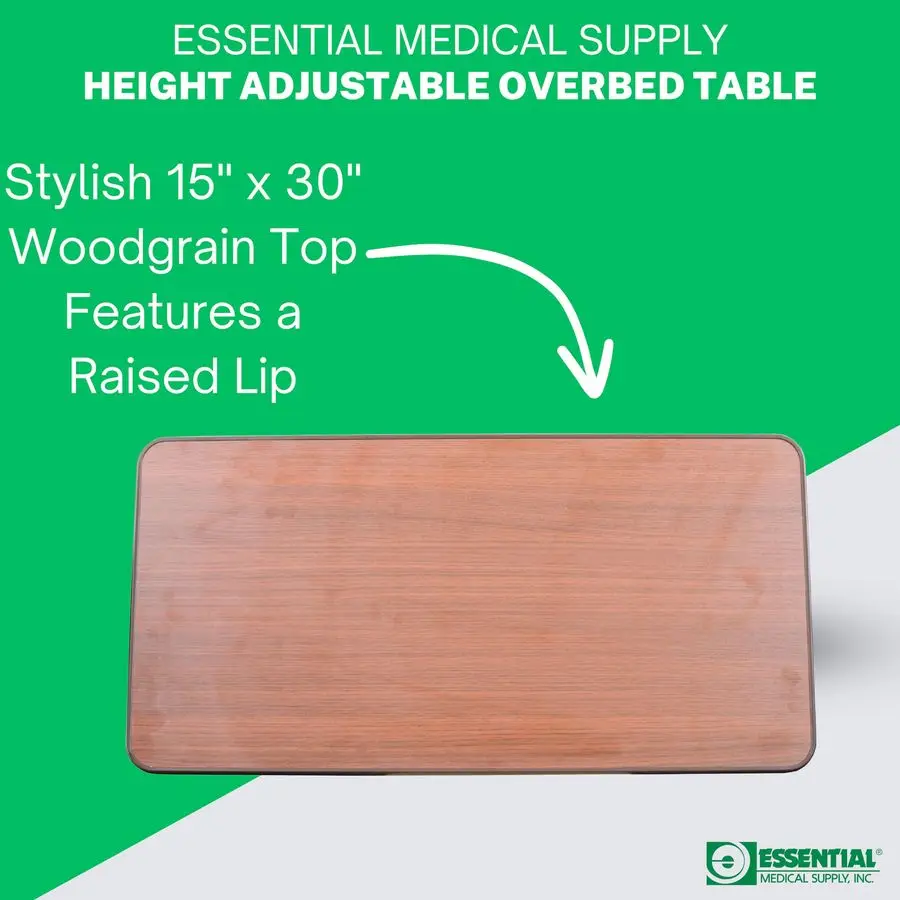Height Adjustable Automatic Overbed Table Woodgrain Top with Locking Wheels, Perfect for Hospital and Home Use Table for Easy A