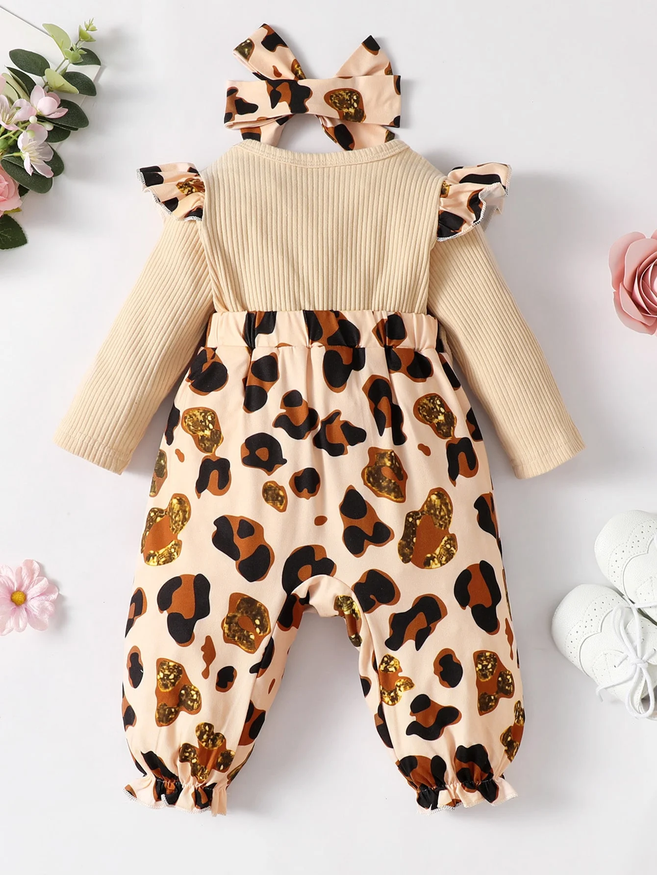 Baby Girl Leopard Print Ruffle Trim Bow Front Jumpsuit & Headband