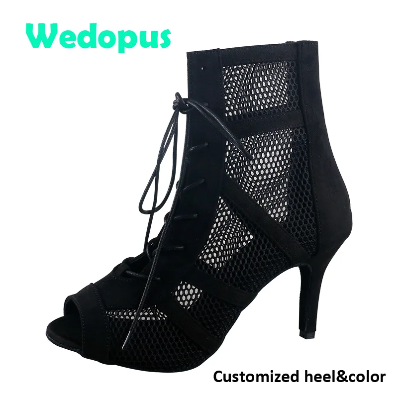 

Wedopus Customized Heel High Quality Stunning Black Women Mesh Bachata Classic Dance Boots Black Ladies Suede Sole