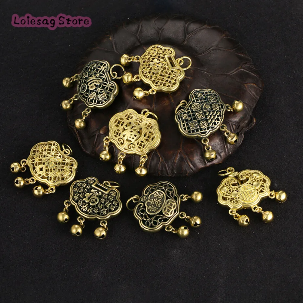 Retro National Style Long Life Lock Pendant Hollow Brass Peace Lock Pendant Antique Style Hanfu Decoration Wholesale Accessories