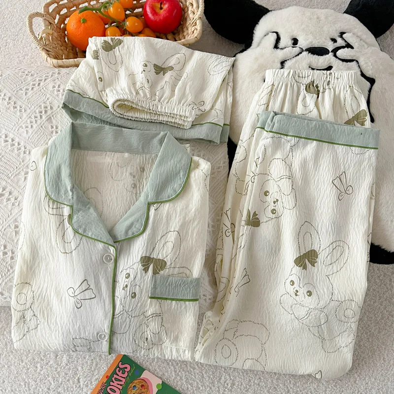 Conjunto de pijama de algodón con nube de conejito de dibujos animados para mujer, dulce manga corta, 3 piezas