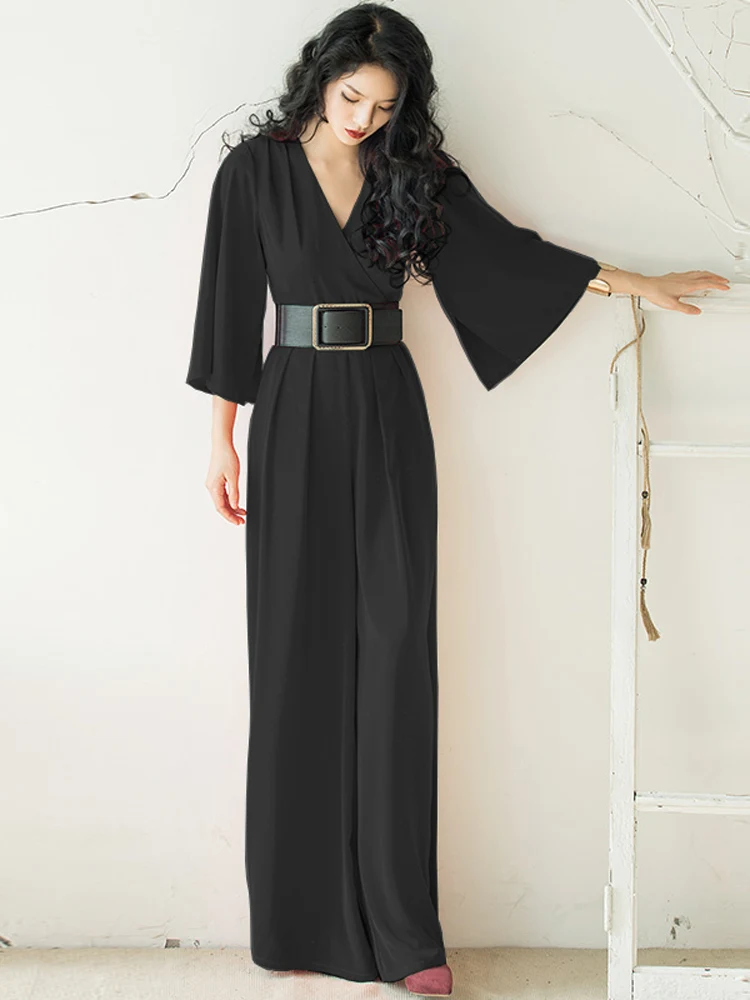 

2025 New Women's Long High-Waisted Comfortable V-Ne-Piece Suit Slimming Loose Wide-Leg Pants Retro Sle Commute Wear