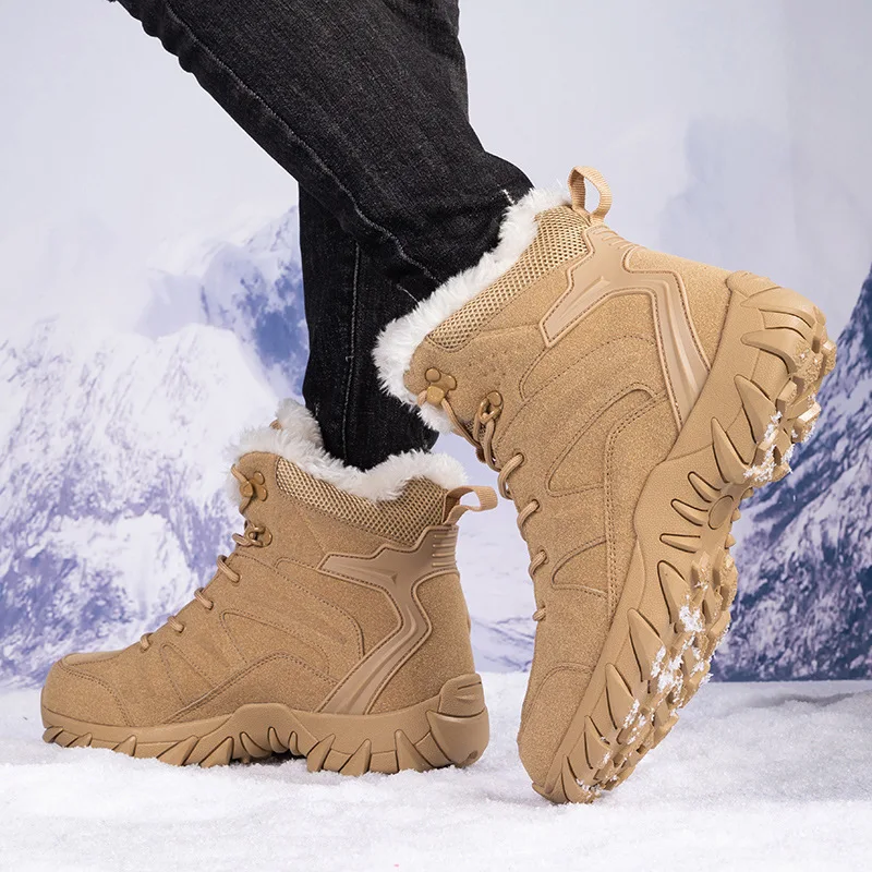 Winter Men's Boots Mid Calf Basic Velvet Warm Snow Outdoor Mountaineering Combat High Top Field Boots Men's Shoes Sand Colored