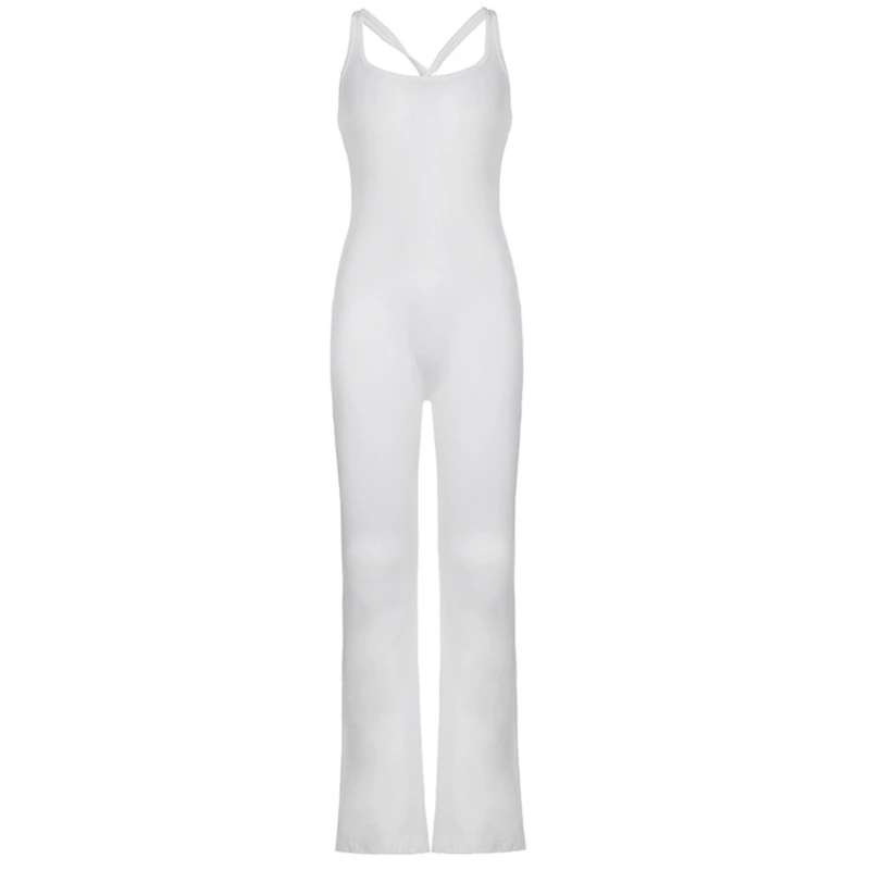 Womens Summer Sleeveless Sexy Twisted Backless Romper Solid Color High Waist Bodycon Flared Long Pant Jumpsuit Overalls