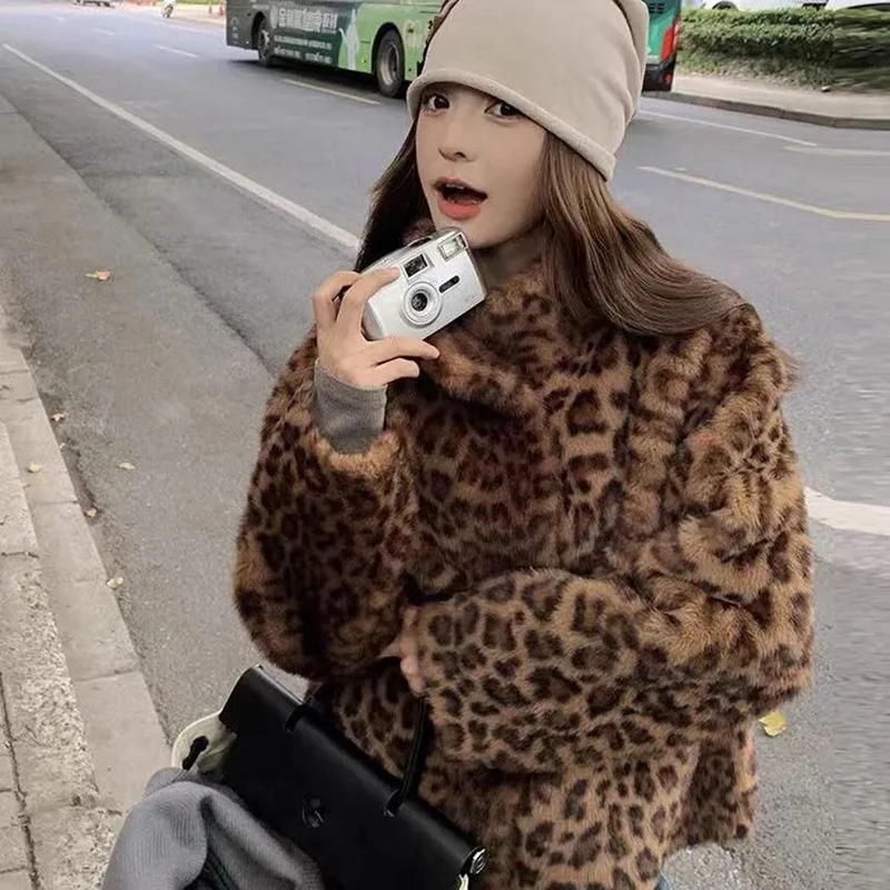 Dámské kabáty z umělé kožešiny s leopardím vzorem, vintage Y2K streetwear, chlupatá bunda s dlouhým rukávem, fešák, podzimní a zimní svrchní oblečení - náhled 4