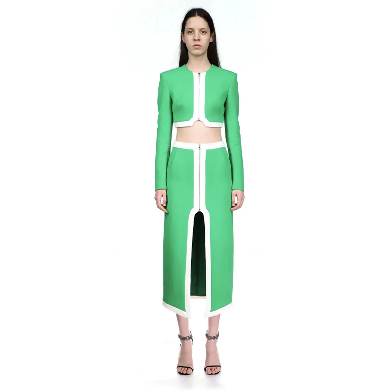 

Factory Wholesale women's Green Long Sleeves Tight Bandage Top&Skirt Sexy Two Piece Set Celebrity Party Sets