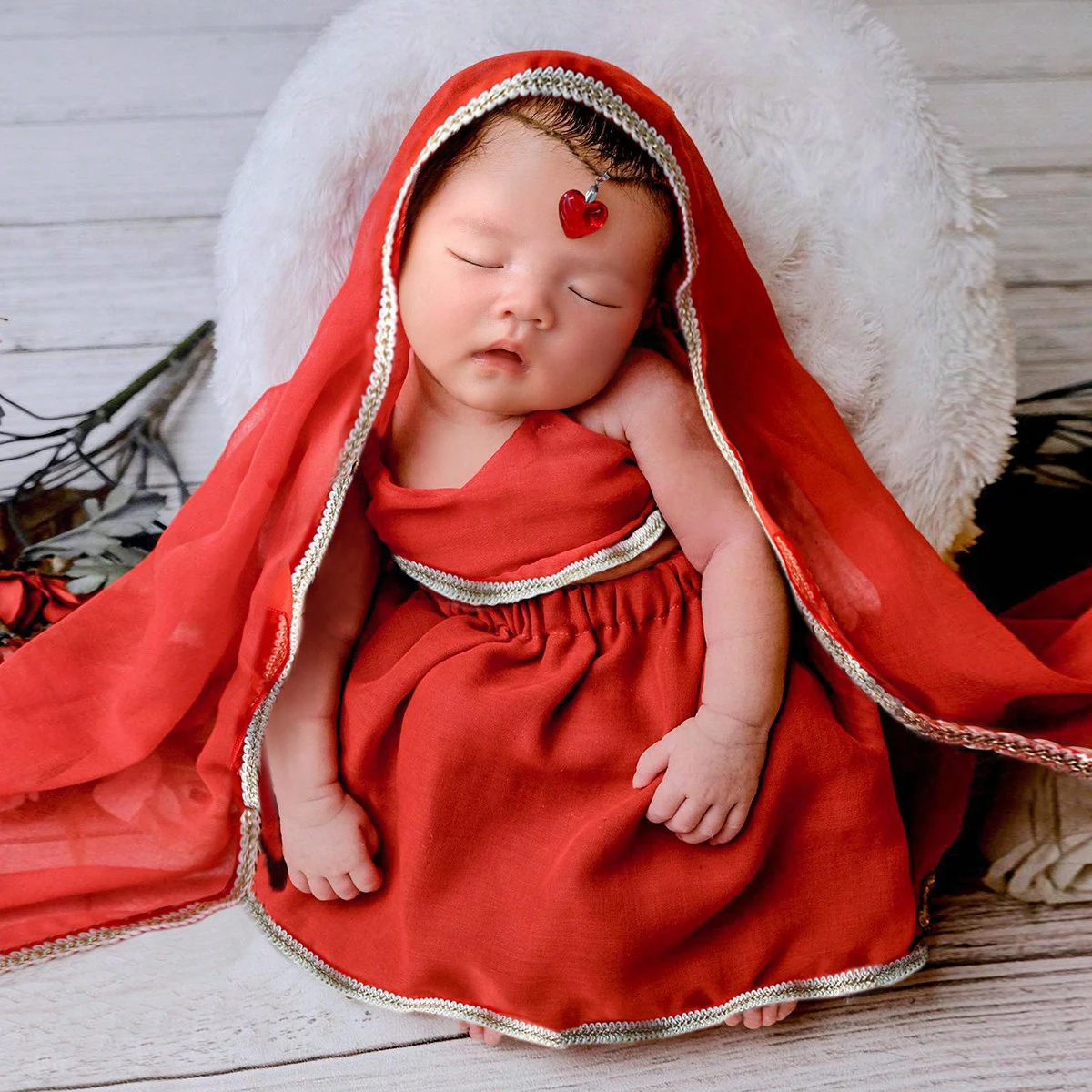 Ylsteed 4 Pieces Set Red Newborn Girl Shooting Outfits with Headscarf and Head Pendent Newborn Photography Props