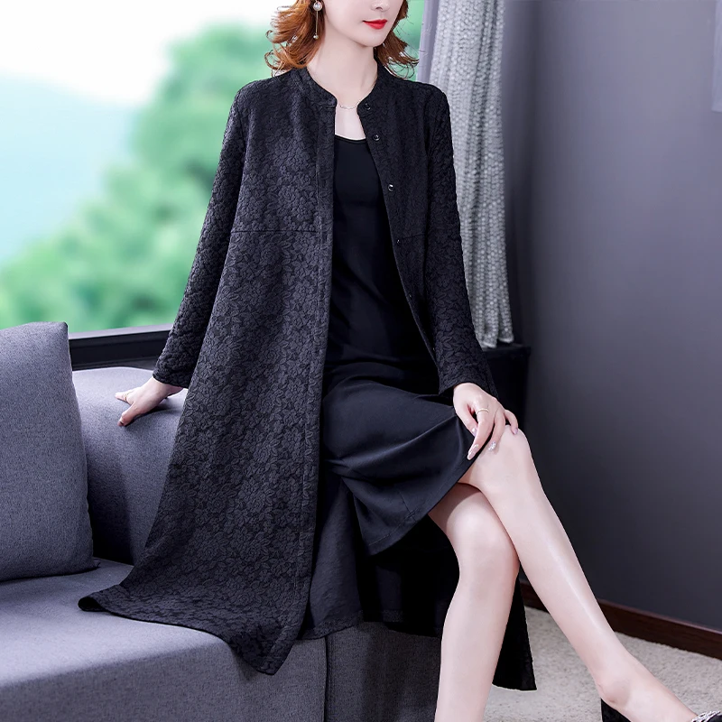 Wife Black Silk Long sleeved Windbreaker Coat Women\'s 2023 New Slim Knee Length Cardigan Your Wife Lace Splice Coat